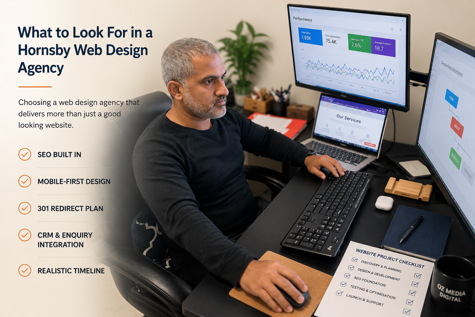 OZ Media Digital web design agency checklist for Hornsby businesses: SEO built in, mobile-first design, 301 redirect plan, CRM integration and a realistic timeline